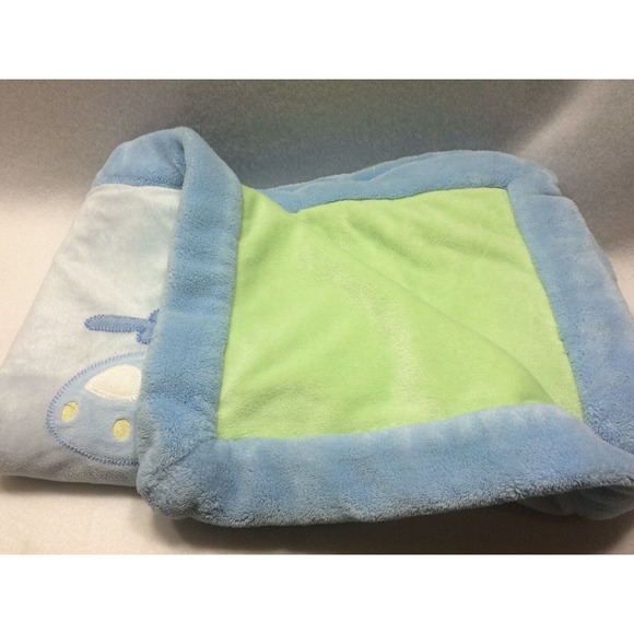 Just One Year Boy Baby Blanket Blue Green Helicopter Airplane Appliqué 38 x 30 - Picture 4 of 4